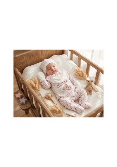 Bambık Bombinolo Cute Ayıcık Nakışlı Pembe Puantiyeli %100 Pamuk 0-3 Ay Yenidoğan 5'li Hastane Çıkışı Seti Pembe Pembe