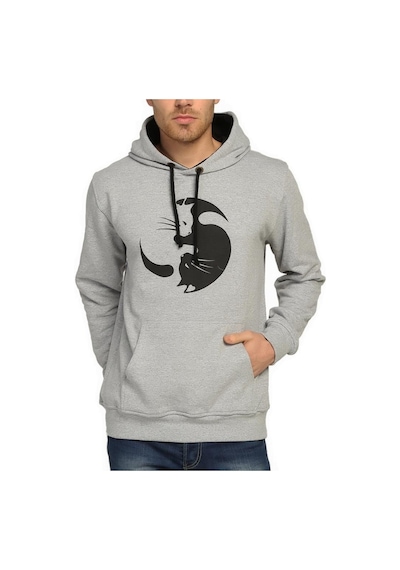 Bant Giyim - Yin Yang Kedi Gri Kapşonlu Erkek Sweatshirt Hoodie