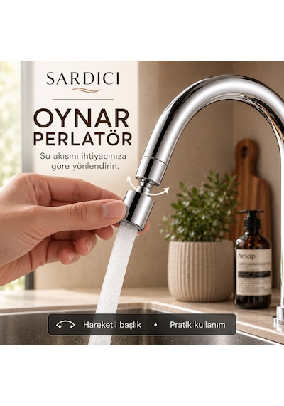 Sardıcı Akış Oynar Başlıklı Mutfak Bataryası 40 Cm 304 Flex Hortumlu Pirinç Gövde   Krom