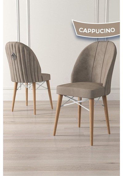 Canisa Ritim Serisi 6 Adet Cappucino Sandalye 1.sınıf Babyface Ithal Kumaş Doğal Ahşap Ayak Gümüş Halkalı Sandalye Cappucino Ayaklar Doğal Ahşap