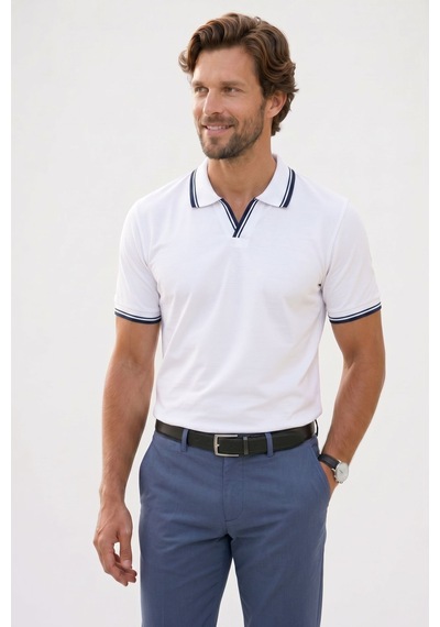 Tudors Erkek Slim Fit Dar Kesim %100 Pamuklu Çizgili Detaylı V Yaka Beyaz Polo Yaka Tişört-51593
