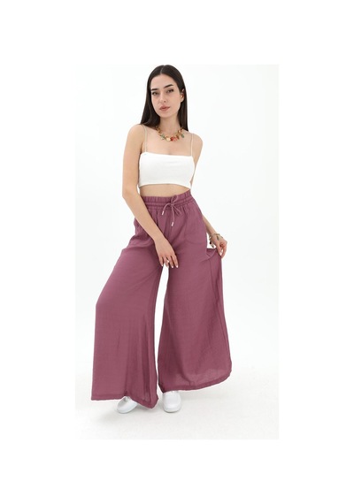 Wpr Geniş Kemerli Bol Paça Düz Keten Kadın Pantolon - Lila-lila Lila Wpr Geniş Kemerli Bol Paça Düz Keten Kadın Pantolon - Lila-lila Lila