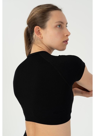 Maraton Slimfit Kadın Bisiklet Yaka Siyah- Crop Top Siyah-