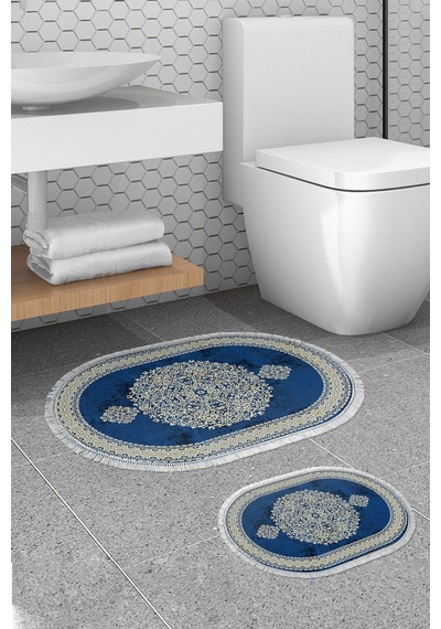 Alanur Trend Kaymaz Taban Oval Saçaklı Dijital Banyo Takımı Mavi