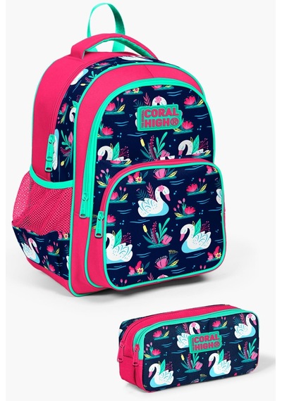Coral High Kids Neon Mercan Lacivert Kuğu Desenli 2'li Okul Çanta Seti Set0223402