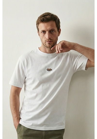 Elemge Pamuk Compact Penye Süprem Beyaz Koala Nakışlı Trend Fit Erkek Tok Kumaş T-shirt Rahat Kesim 2XL