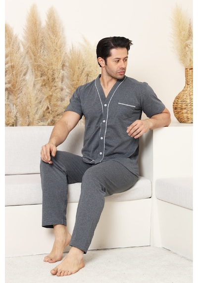 Enisena Erkek Boydan Düğmeli %100 Pamuklu Pijama Takımı 12385 Füme
