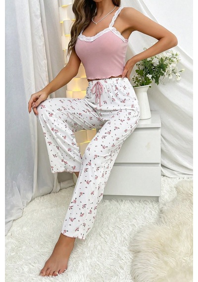 Merry See Askılı Şık Üstü Dantel İşlemeli Baskılı Pijama Takımı Çok Renkli
