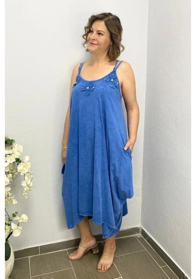 Mia Butik Büyük Beden Mavi Pamuklu Şalvar Kesim Çiçekli Elbise Mavi