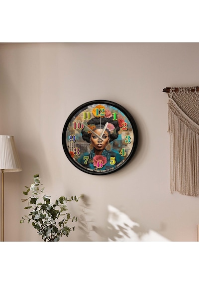 Etnik Afrikalı Kadın Sanat Ve Çiçek Temalı Dekoratif Duvar Saati 28 Cm Sessiz Mekanizma Çok Renkli