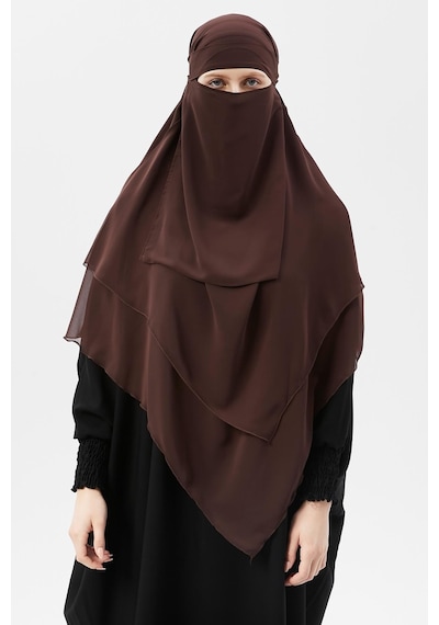 Altobeh Hazır Pratik Şifon Üç Katlı Peçeli Üçgen Hac Umre Şalı Sufle Hijab Nikap Kahve Rengi