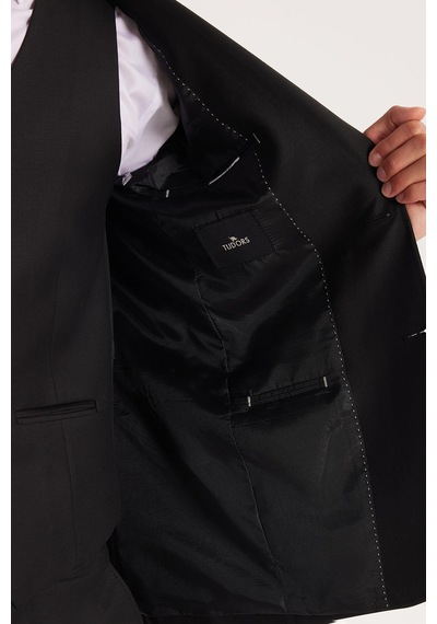 Tudors Erkek Slim Fit Siyah Esnek Likralı Kumaş Sivri Yaka Yelekli Takım Elbise-33907 Siyah