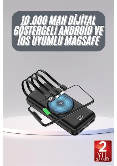Kablosuz Çoklu Şarj Girişli 10.000 Mah Kablolu Powerbank Taşınabilir Çokrenkli 10304050