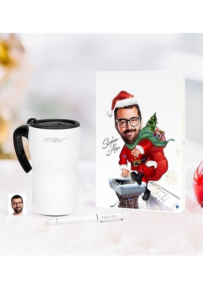 Kişiye Özel Yılbaşı Bay Karikatürlü Beyaz Defter Kalem Termos Mug (397195223)