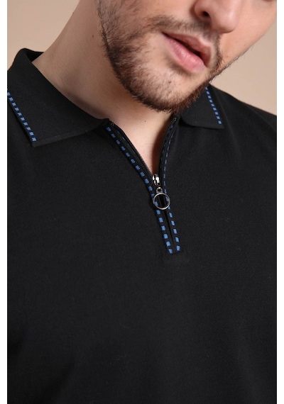 Ferraro Siyah Polo Yaka Fermuarlı Erkek Pamuk Triko T-Shirt-Siyah (417942930) Siyah
