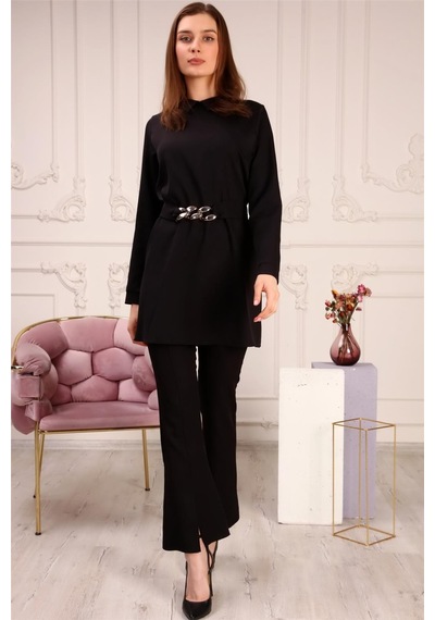 Bwest Zincir Kemerli Sade Basic Tunik Pantolon İkili Takım - 70007 - Siyah-458 Siyah