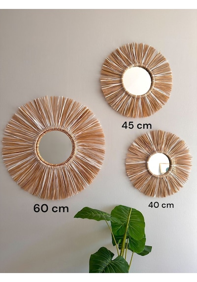 El Yapımı Dekoratif Bohem Ahşap Boncuklu Gerçek Aynalı 3 Lü Doğal Rafya Duvar Süsü - 140 X 70 / Beyaz Beyaz