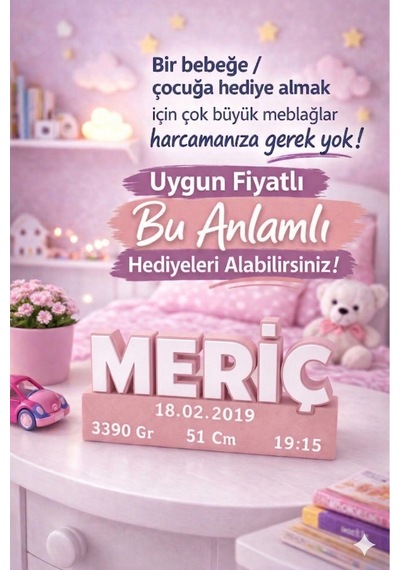 Kişiye Özel İsimli Bebek Odası Dekorasyonu - Yenidoğan Doğum Bilgili Hediyelik Künye Pudra Pembe