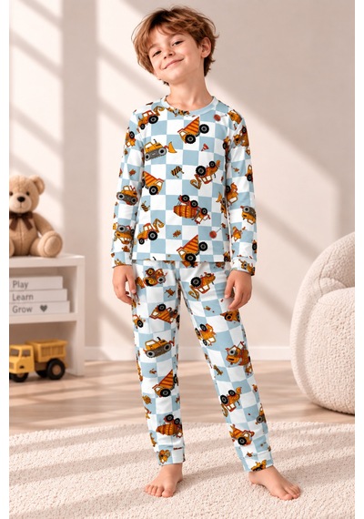 Free Beka Desenli Bisiklet Yaka %100 Pamuklu İnterlok Kumaş Erkek Çocuk Uzun Kollu Pijama Takımı Turkuaz