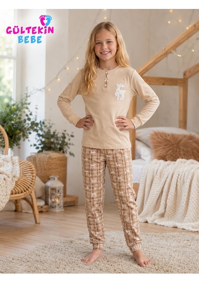 Tarık İnterlok Kumaş Geyik Nakışlı Kız Pijama Takımı 11-16 Yaş -ta6736470 - Bej