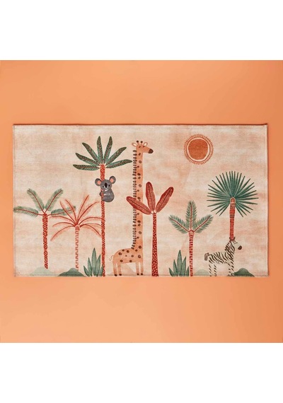 Kids Hayvan Baskılı%100 Polyester Kilim, Somon, 80x150 Cm Açık Bej