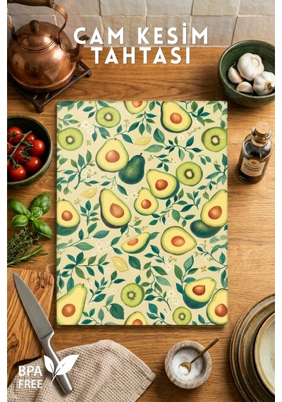 Avokado Desenli Cam Kesim Tahtası - 25x35cm -dayanıklı Ve Pratik Kesim Matı Yeşil