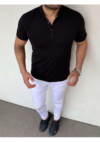 Modefendi Slim Fit Örme Polo Yaka Tshırt Siyah