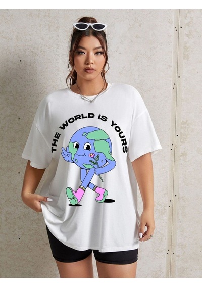 Flood Of Style Kadın Beyaz World Bisiklet Yaka Tshirt
