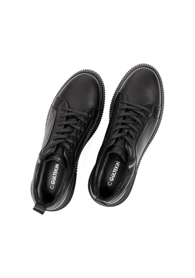 Erkek Siyah Bağcıklı Baskılı Deri Sneaker