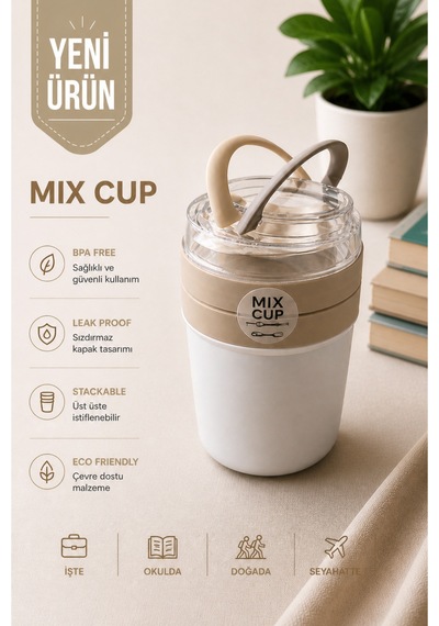 Emilahome Mıxme Muesli Cup 650 Ml Beslenme Kabı &yoğurt Kabı & Mama Kabı Bej - 873535709 Bej