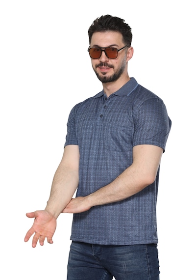 Kzctekstil Erkek Baba Ve Orta Yaş Penye Tişört Yakalı Cepli Jakarlı Kumaş Klasik Kesim Mavi