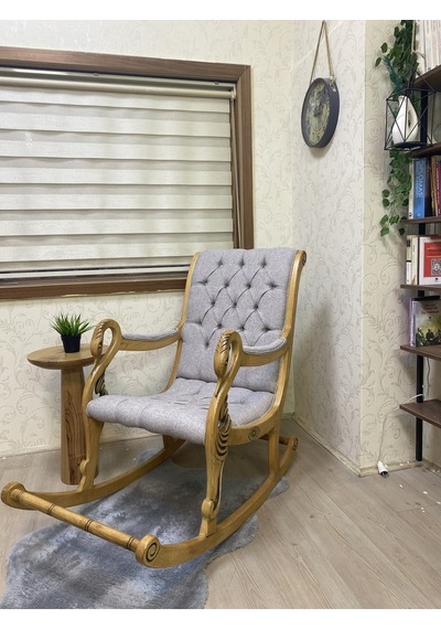 Asedia Vintage Kuğu Naturel Taş Rengi El Oyması Ahşap Sallanan Sandalye Dinlenme Koltuğu