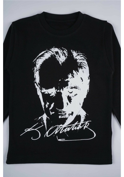 Genel Markalar Uzun Kollu Atatürk Baskılı T-shirt Siyah Siyah