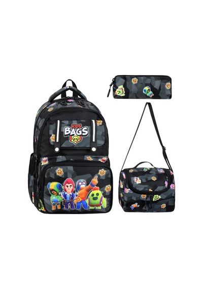 İlkokul Çantası Kids Bag 3'lü Set 42 30 Cm Beslenme Çantası Kalem Kutusu Ortopedik Erkek Çocuk Siyah