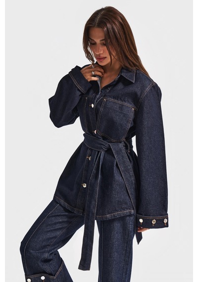 Kadın İndigo Renk 7w5-50 Kemer Detaylı %100 Koton Denim Trençkot