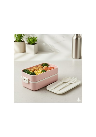 Lunch Box Kendinden Çatal Kaşıklı Estetik 2 Katlı Taşınabilir Yemek Kabı Pembe