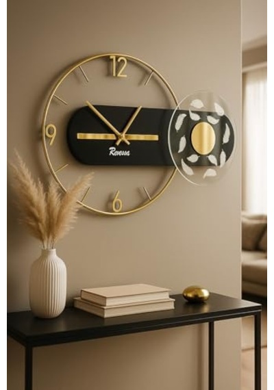 Metaquartz Aksesuar Renessa Exclusive Quartz Mekanizmalı Özel Seri Dekoratif Metal Ahşap Duvar Saati Goldsiyah 40 X 70 0240-keçe-şekilli-48cm