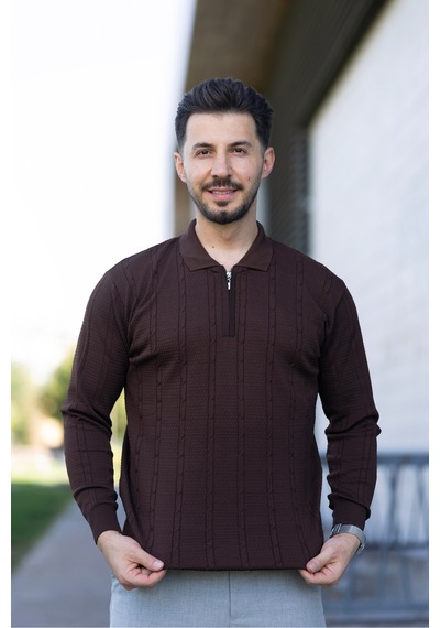 Hk Premium Triko Kazak Polo Yaka Fermuarlı Slim Fit Kahverengi