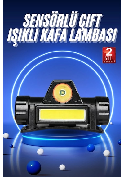 Ledli Şarjlı Kafa Lambası Led Şarjlı Su Geçirmez Kafa Feneri Siyah 24935998