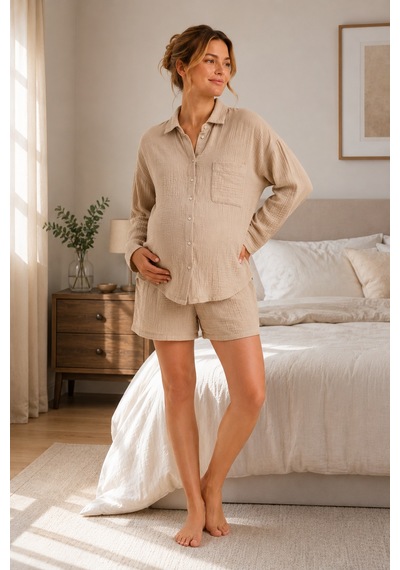 Luvmabelly Myra9675 Mom & After Doğal Muslin Pijama Takımı - Bej