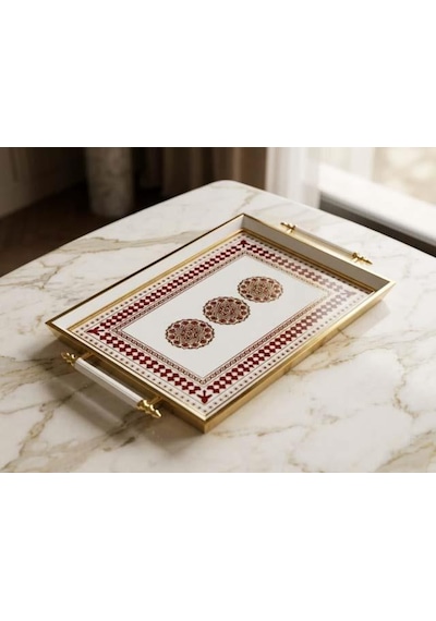 Dijital Baskılı Cam Servis Tepsisi Sedef Motifli, Metal Kulplu 46x28 Cm