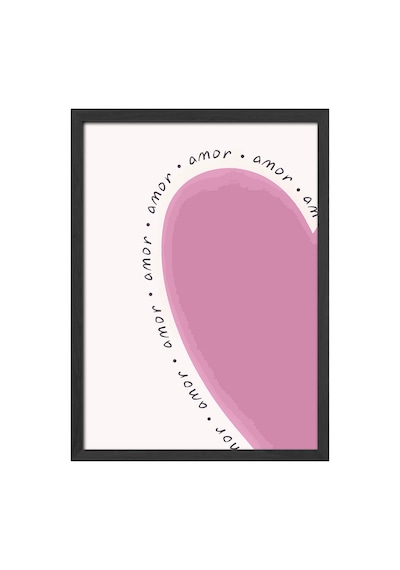 Pembe Kalp Doğal Ahşap Çerçeveli Poster, Dekoratif Hediyelik Duvar Tablosu