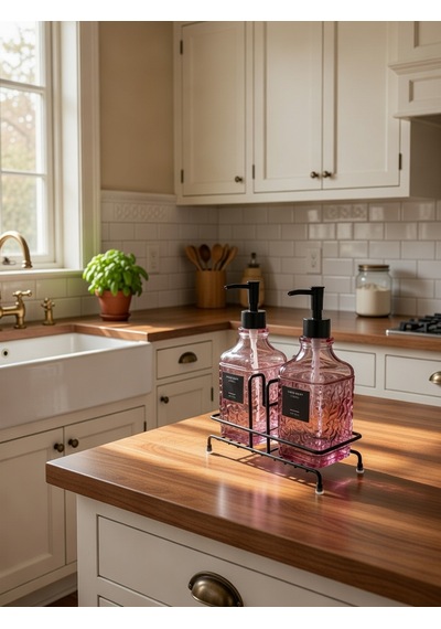 Modern Çizgili - Kabartmalı Cam İkili Sıvı Sabunluk & Deterjanlık Seti - 500ml Standlı Mutfak Ve Banyo Organizeri Pembe