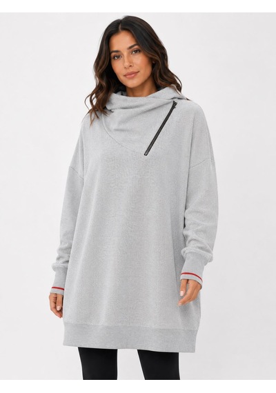Neden Tekstil Gri Kadın Oversize Triko Yarım Fermuarli Kazak