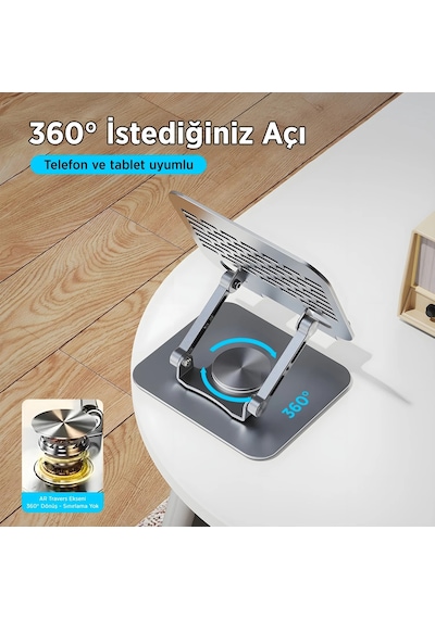 Bix Ps01 360 Dönebilen Isı Dağıtımlı Katlanabilir Metal Tablet Standı Apple Uyumlu iPad Tutucu Gri