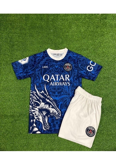 Paris Saint-germain Mbappé 7 Dragon Çocuk Futbol Forması Mavi Çok Renkli