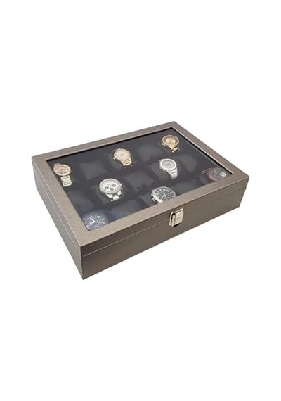 15 Li Diamond Gri Deri Ahşap Camlı Saat Kutusu St15-59 Genel