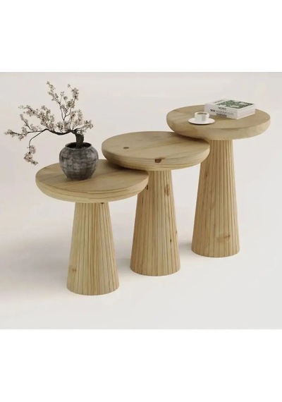 Wood Wooden 3 Lü Set Fitilli Mantar Yan Sehpa Modern Ahşap Renk Vernikli Fiskos Kahverengi