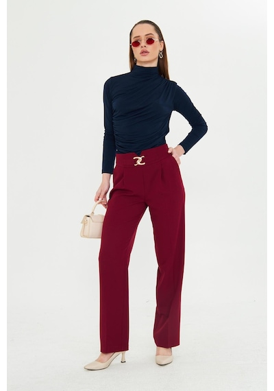 Lovelf Gold Aksesuarlı Bol Paça Pantolon Bordo Bordo