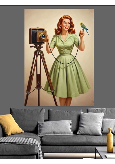 Fotoğrafçı Kadın Retro Kıyafet Dekoratif Kanvas - Mdf Ahşap Tablo